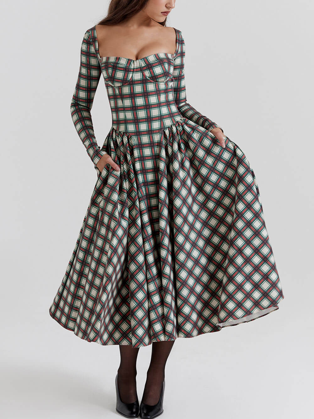 Lavinia™ | Abito midi corsetto tartan rosso