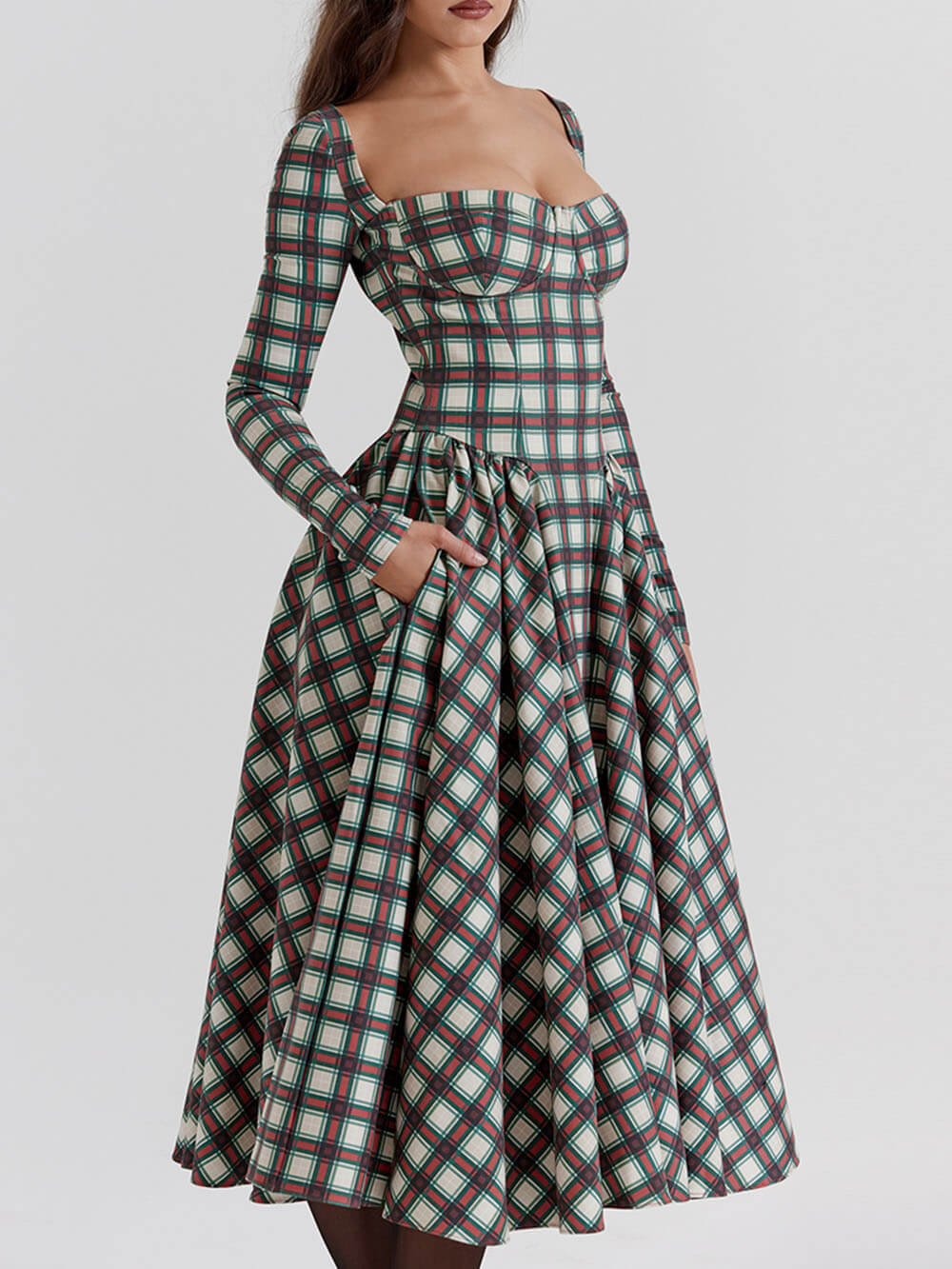 Lavinia™ | Abito midi corsetto tartan rosso