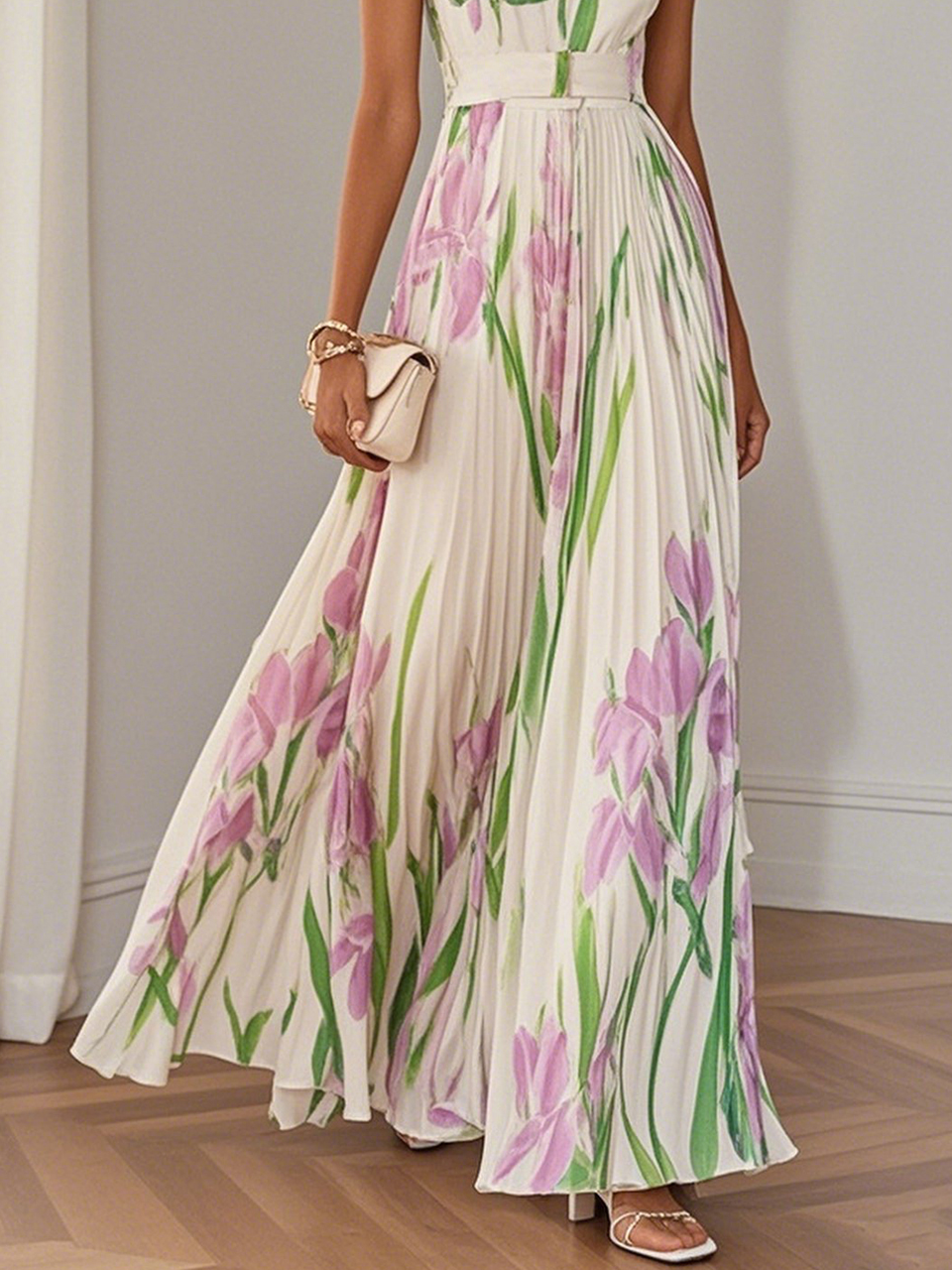 Fiorella™ | Abito Lungo Plissettato con Fiori in Chiffon e Scollo Quadrato