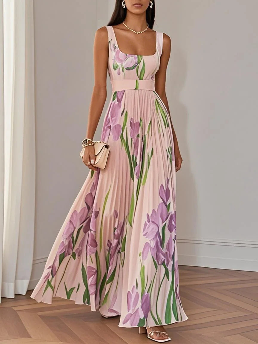Fiorella™ | Abito Lungo Plissettato con Fiori in Chiffon e Scollo Quadrato