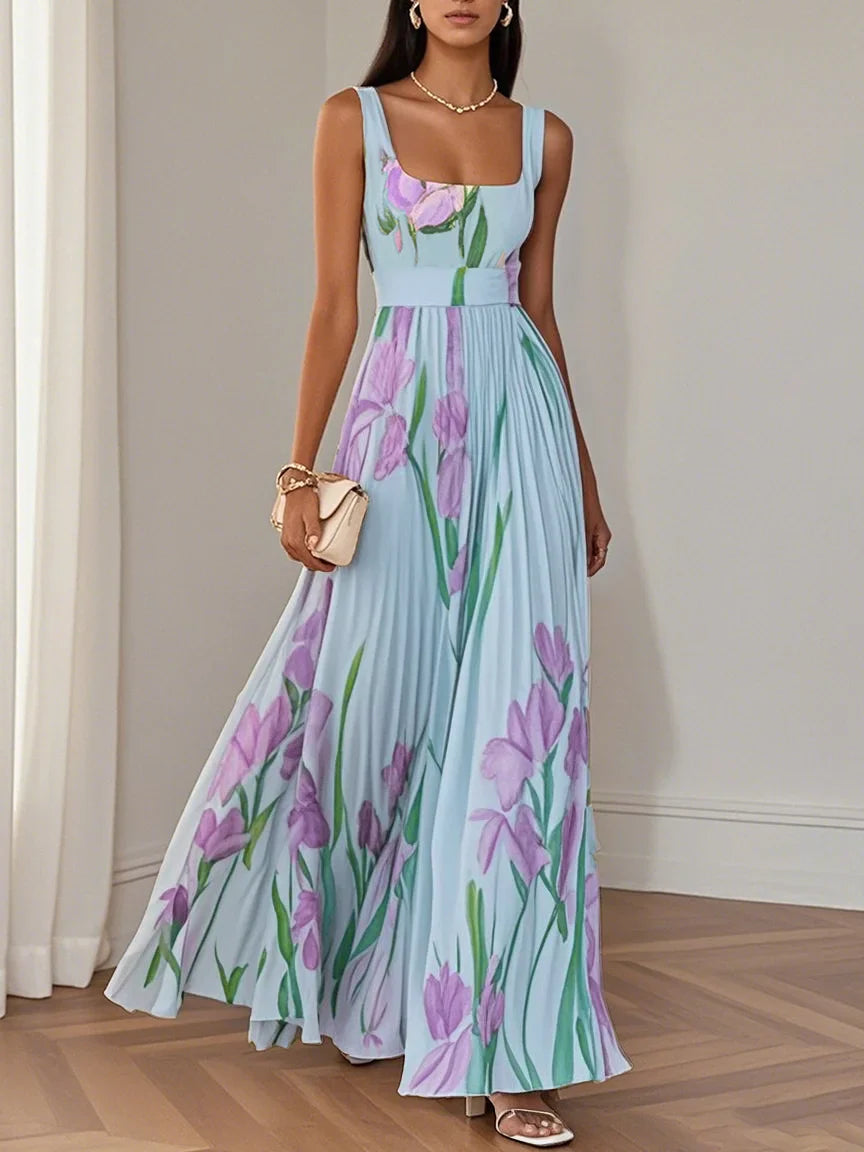 Fiorella™ | Abito Lungo Plissettato con Fiori in Chiffon e Scollo Quadrato