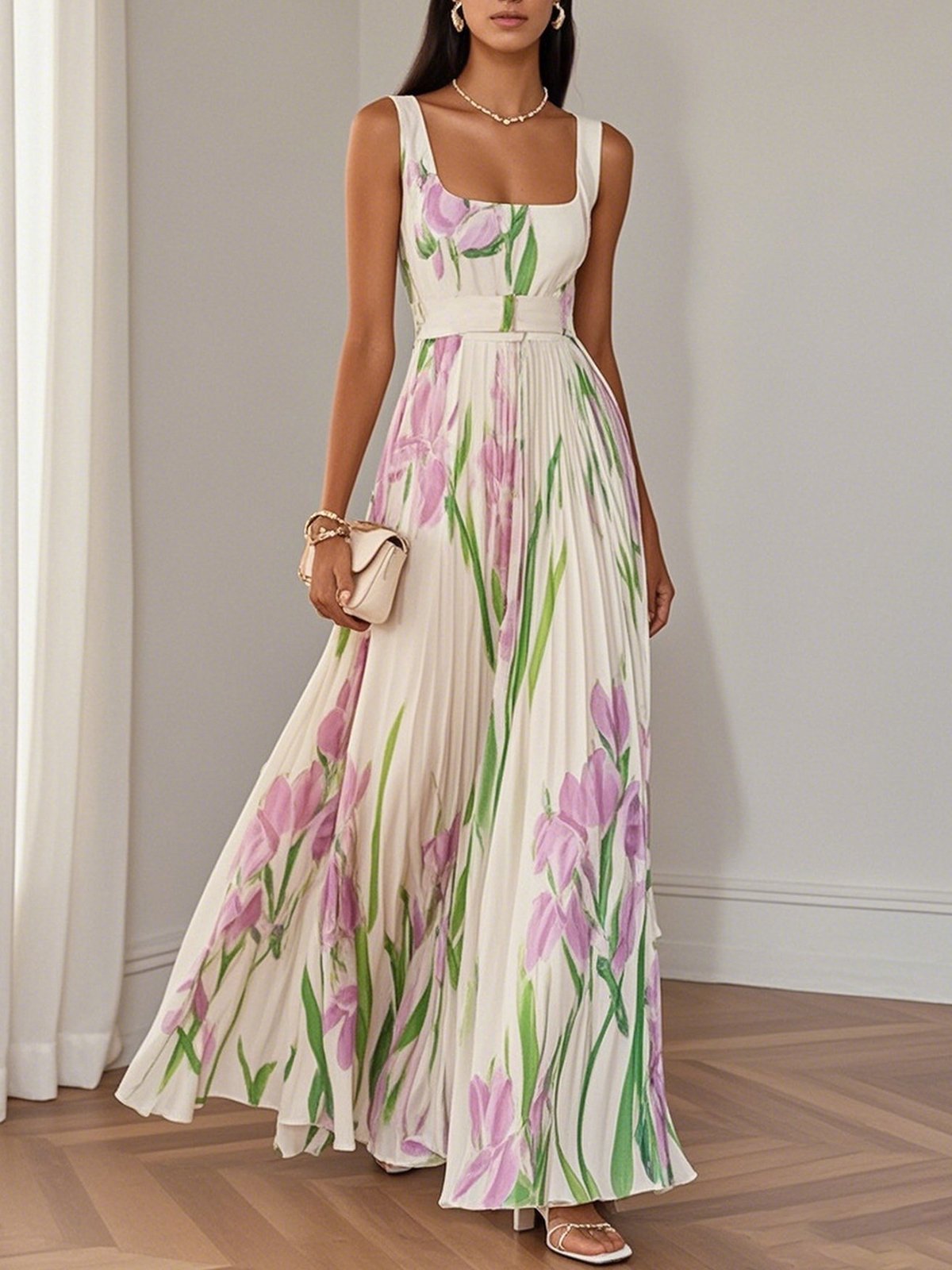 Fiorella™ | Abito Lungo Plissettato con Fiori in Chiffon e Scollo Quadrato