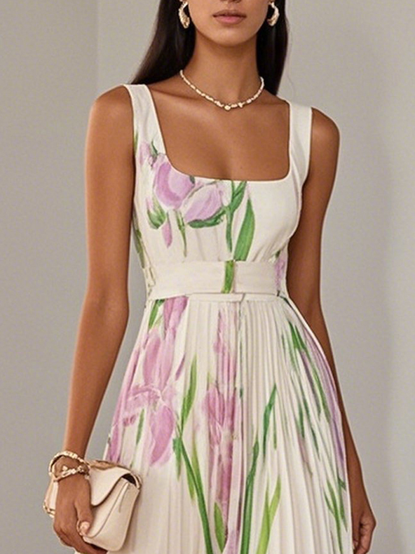 Fiorella™ | Abito Lungo Plissettato con Fiori in Chiffon e Scollo Quadrato