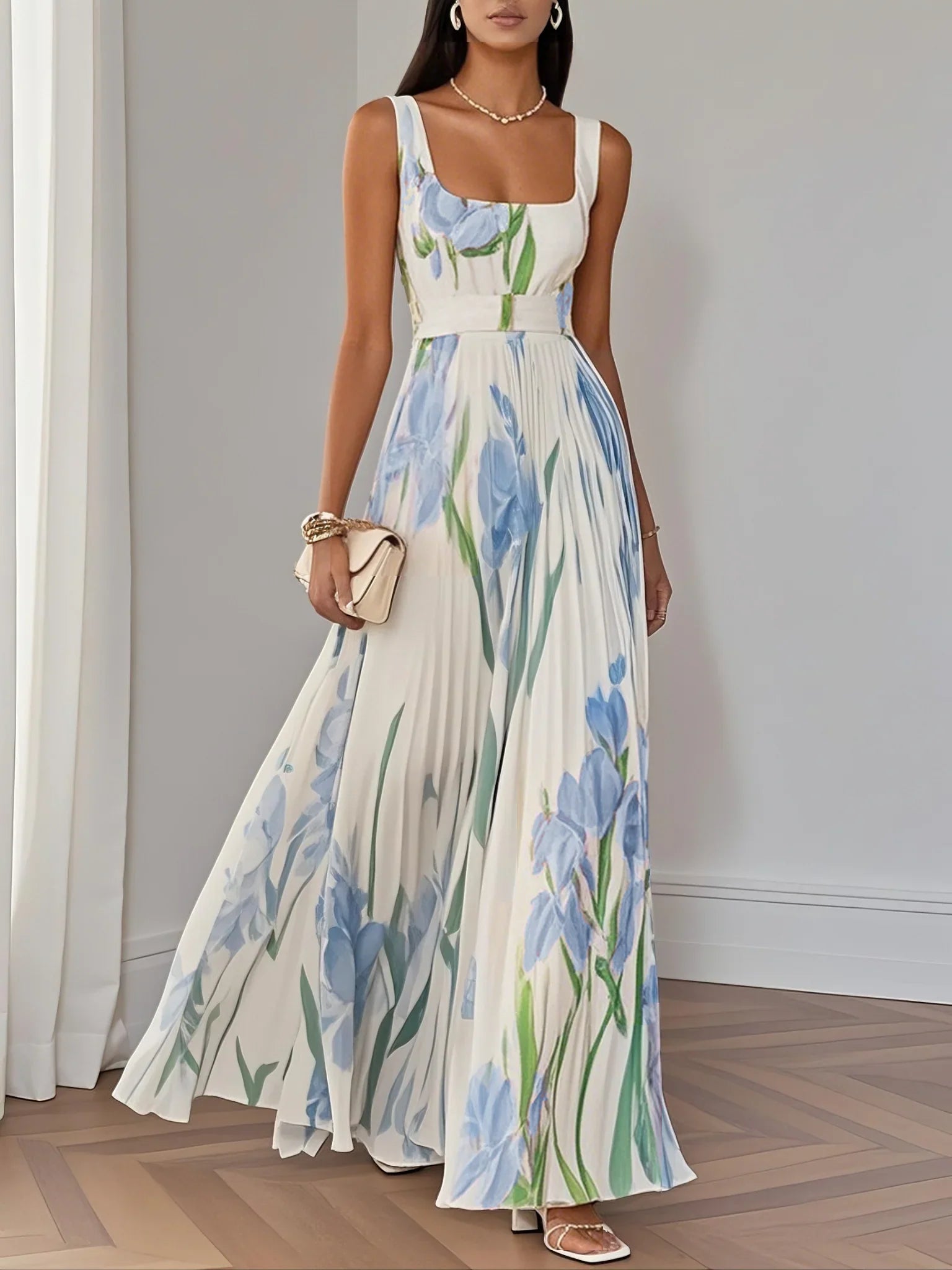 Fiorella™ | Abito Lungo Plissettato con Fiori in Chiffon e Scollo Quadrato