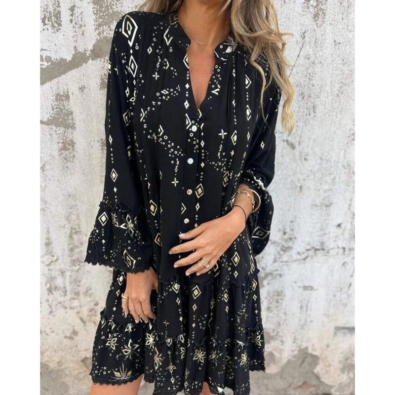 Lucilla™ | Abito Midi con Motivo Geometrico e Scollo a V Elegante