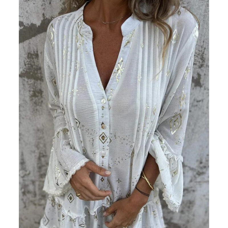 Lucilla™ | Abito Midi con Motivo Geometrico e Scollo a V Elegante
