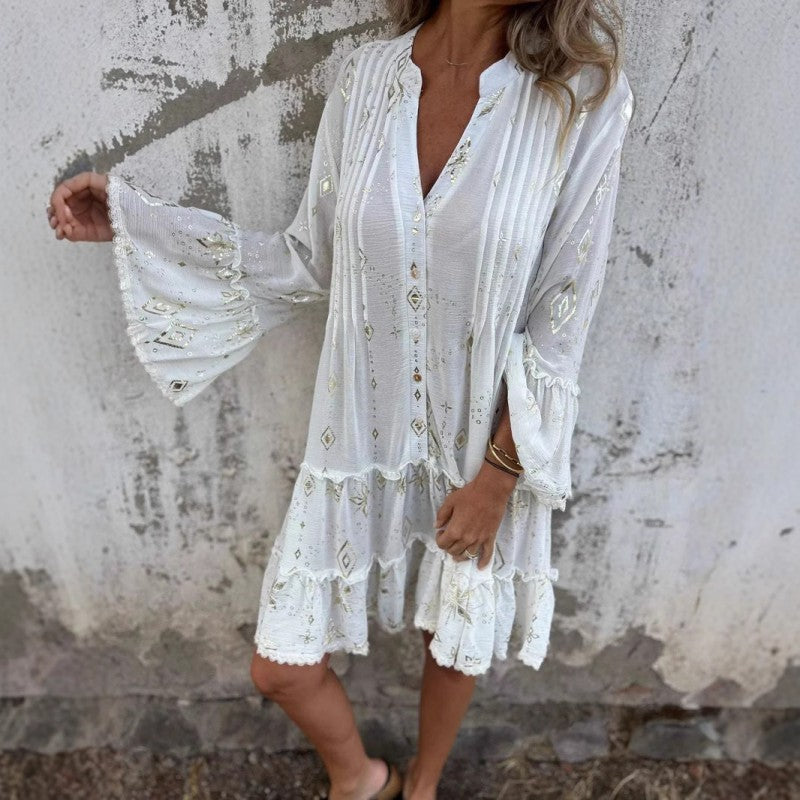 Lucilla™ | Abito Midi con Motivo Geometrico e Scollo a V Elegante