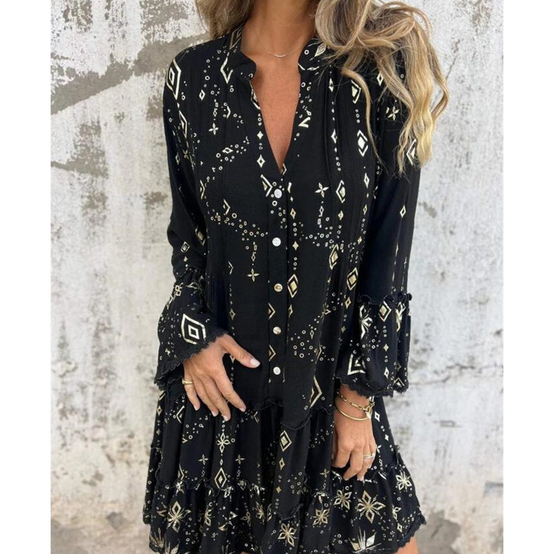 Lucilla™ | Abito Midi con Motivo Geometrico e Scollo a V Elegante