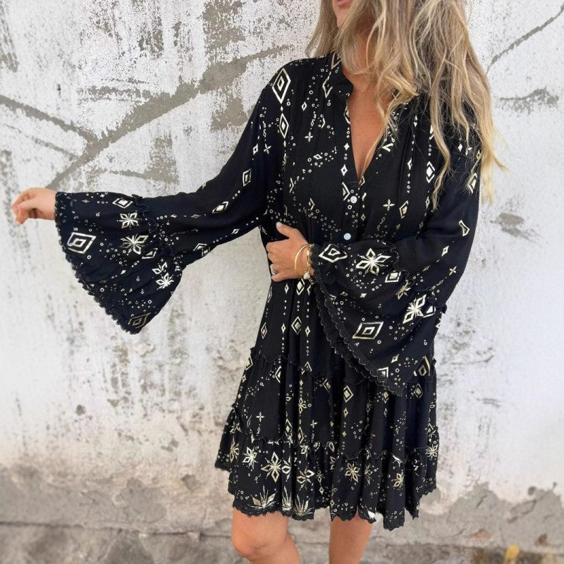 Lucilla™ | Abito Midi con Motivo Geometrico e Scollo a V Elegante