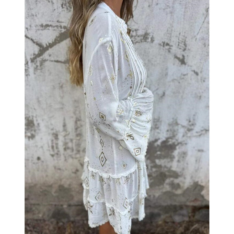 Lucilla™ | Abito Midi con Motivo Geometrico e Scollo a V Elegante