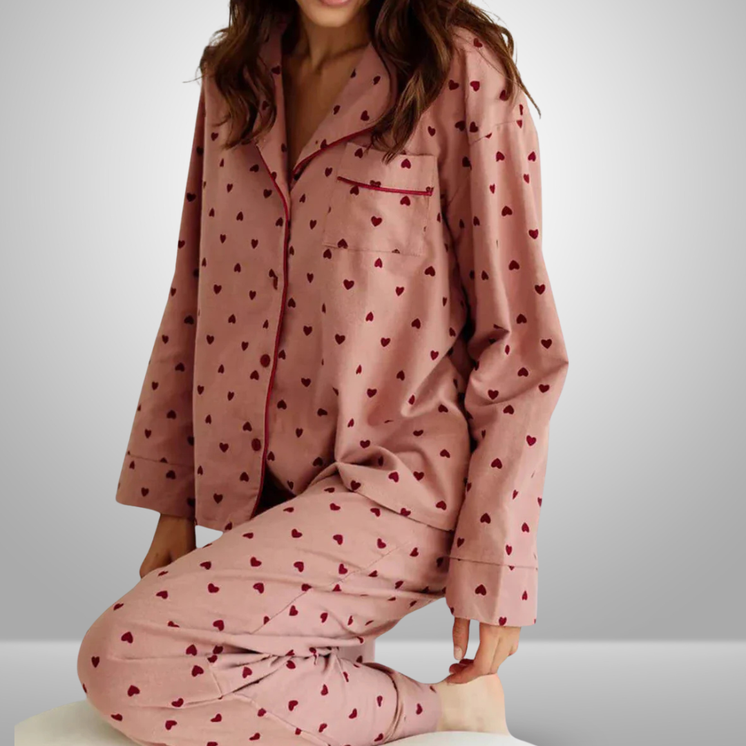 Lavinia™ | Completo da pigiama in stile francese con revers e motivo a cuori