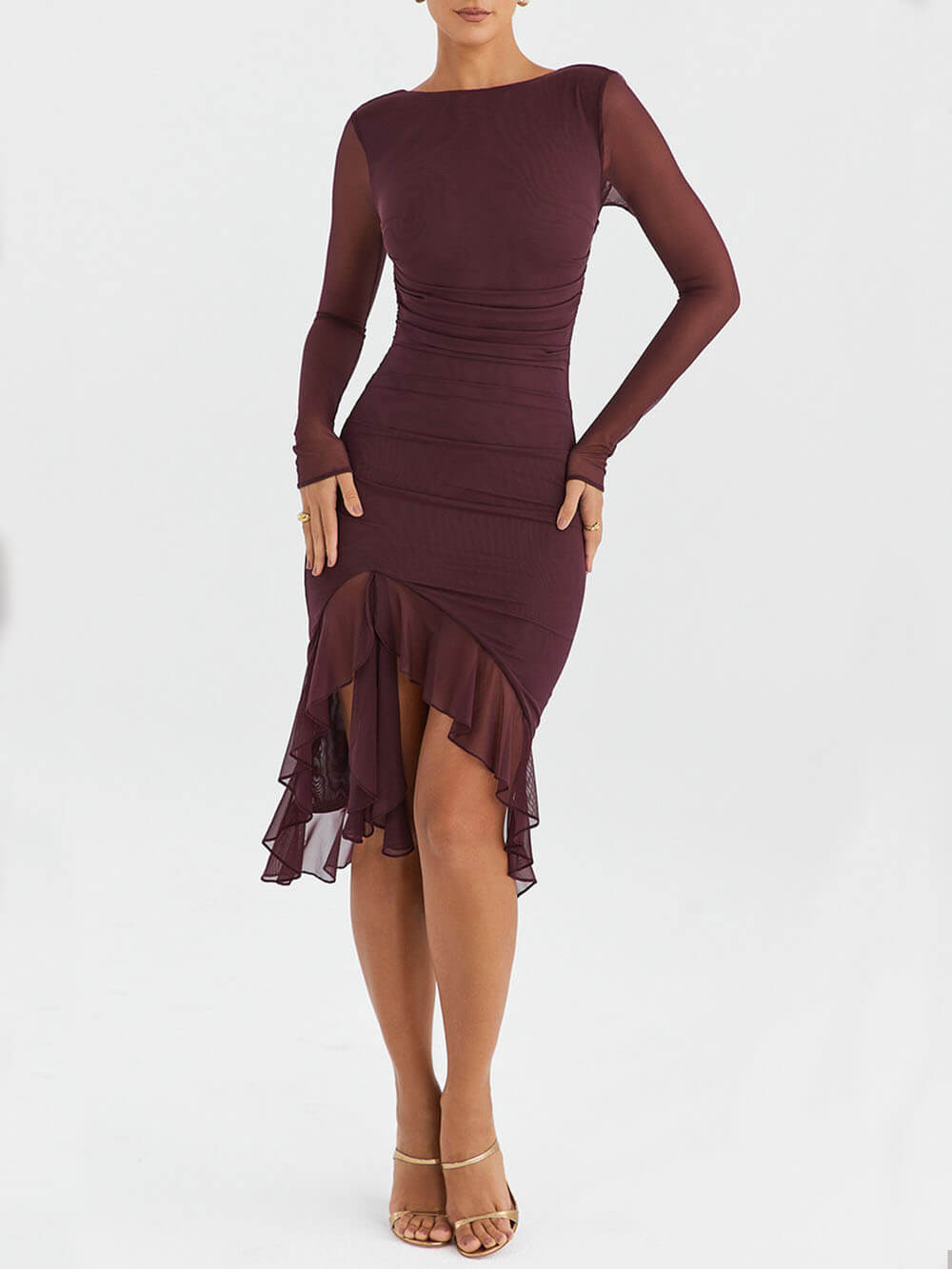 Lavinia™ | Abito midi con volant bordeaux