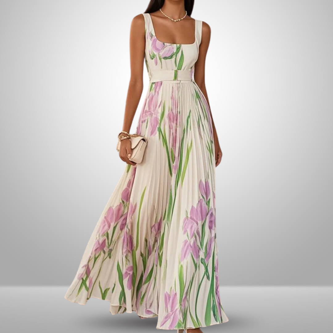 Fiorella™ | Abito Lungo Plissettato con Fiori in Chiffon e Scollo Quadrato