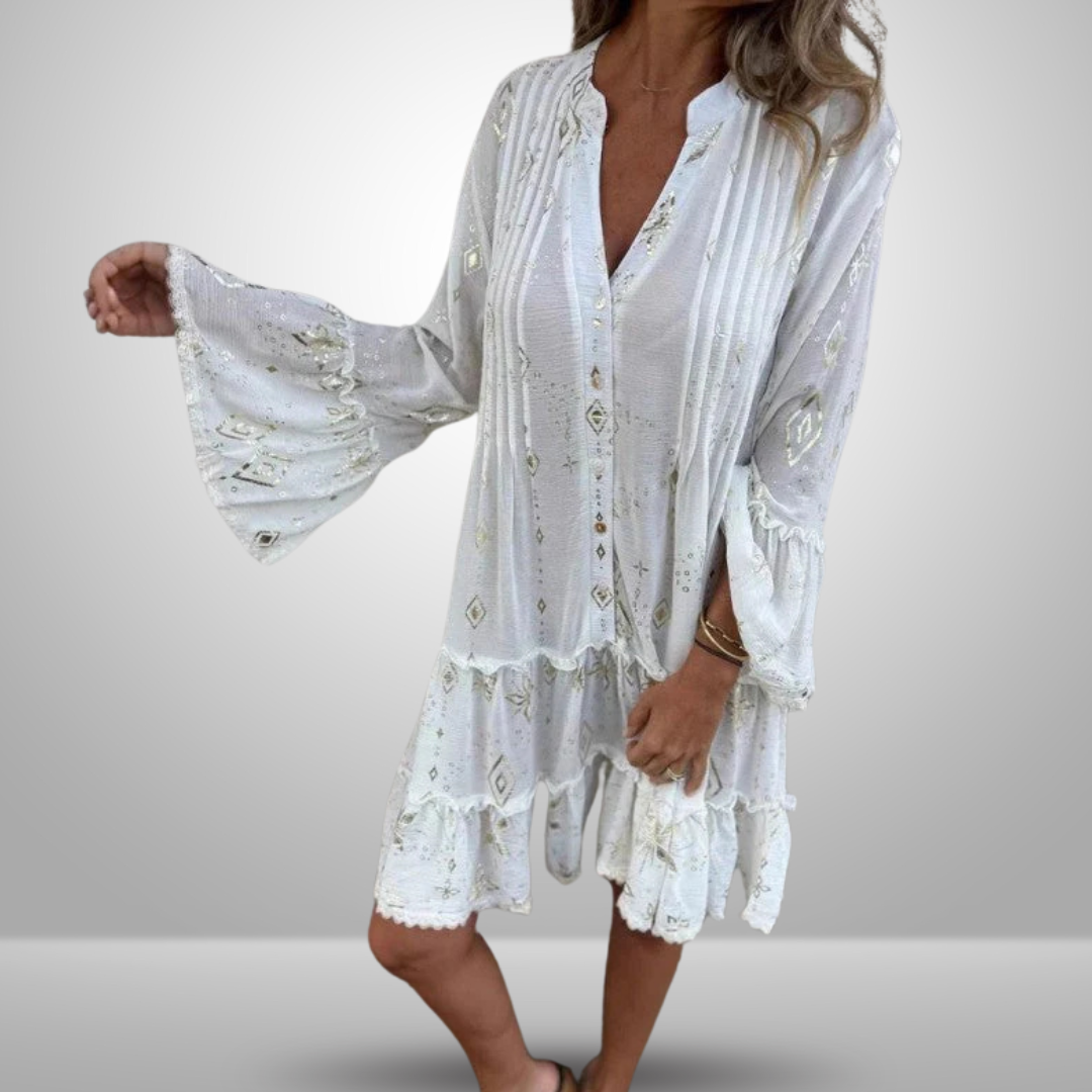 Lucilla™ | Abito Midi con Motivo Geometrico e Scollo a V Elegante