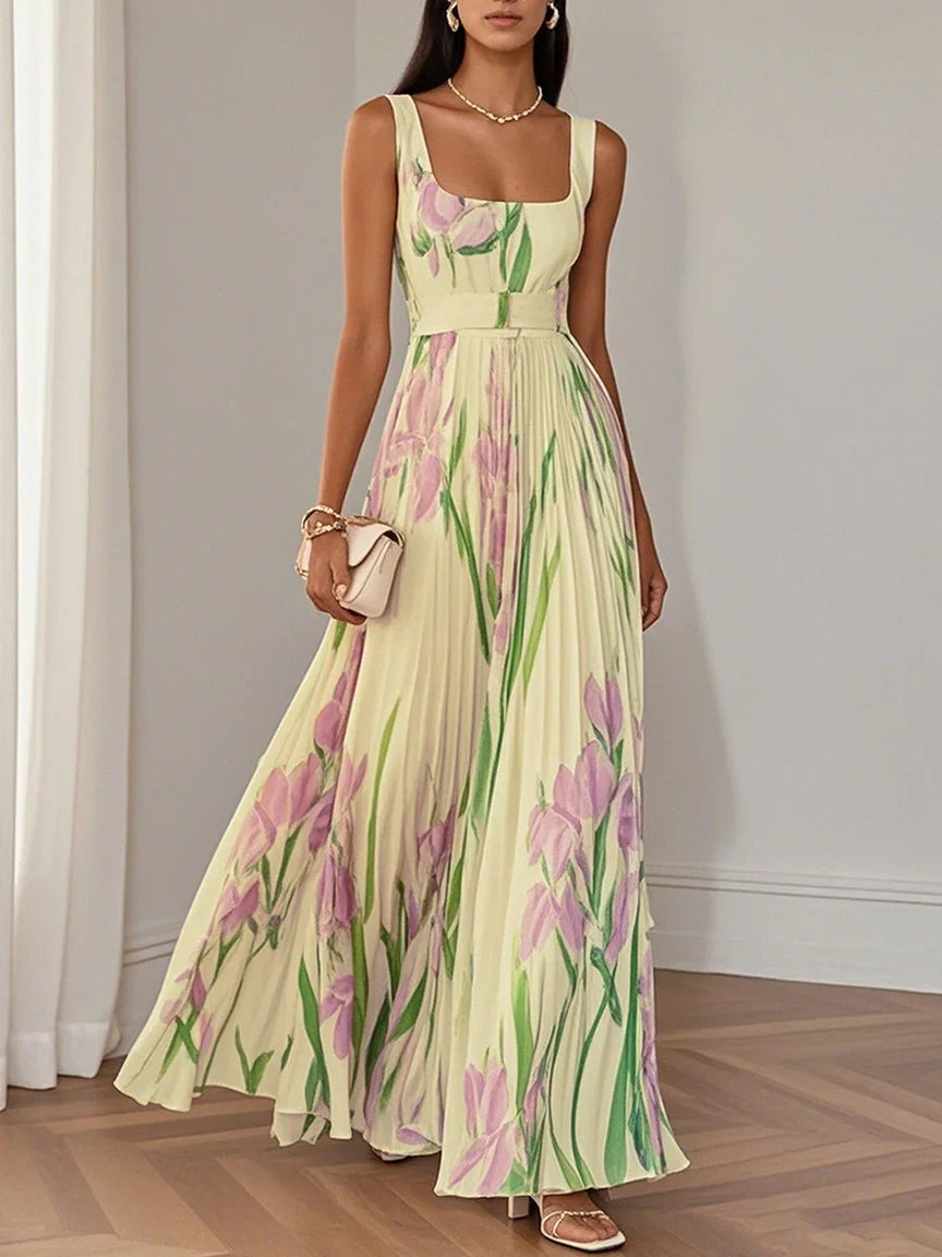 Fiorella™ | Abito Lungo Plissettato con Fiori in Chiffon e Scollo Quadrato