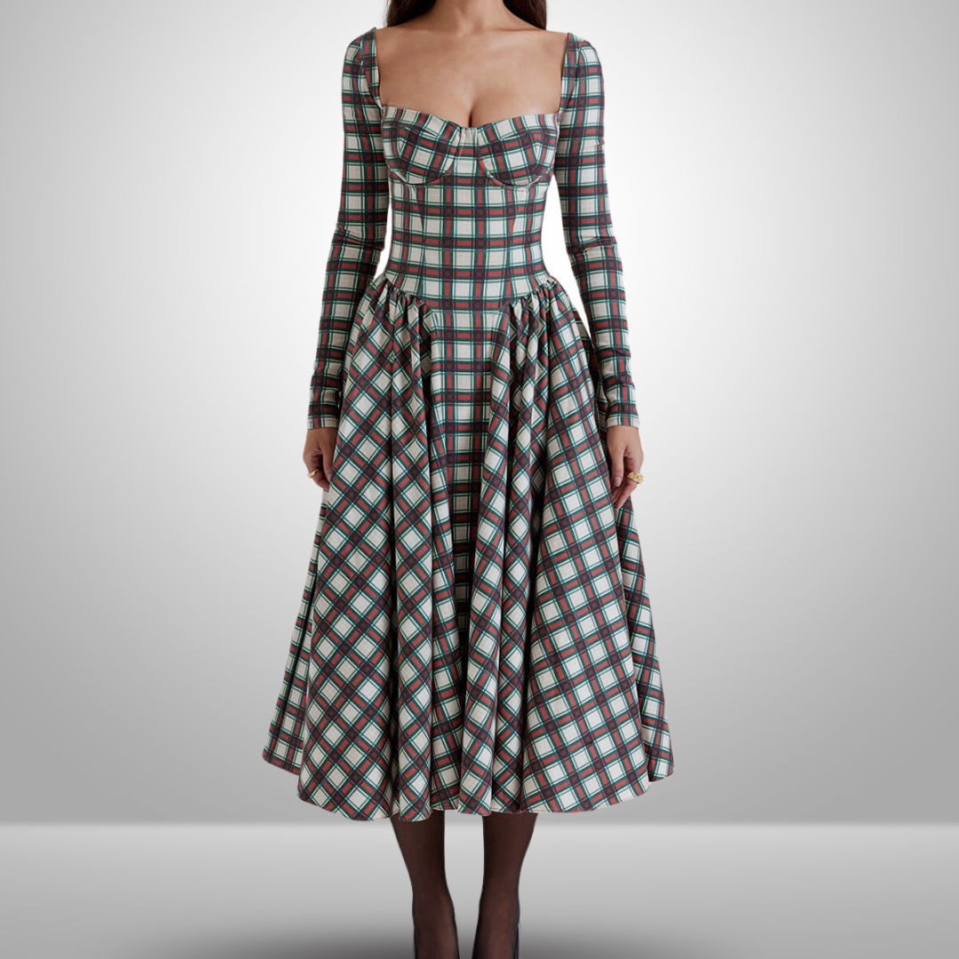 Lavinia™ | Abito midi corsetto tartan rosso