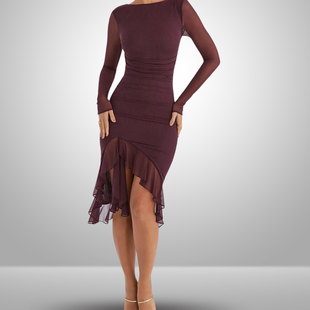 Lavinia™ | Abito midi con volant bordeaux