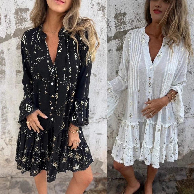 Lucilla™ | Abito Midi con Motivo Geometrico e Scollo a V Elegante