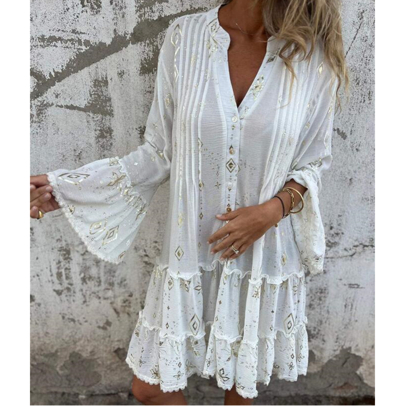 Lucilla™ | Abito Midi con Motivo Geometrico e Scollo a V Elegante
